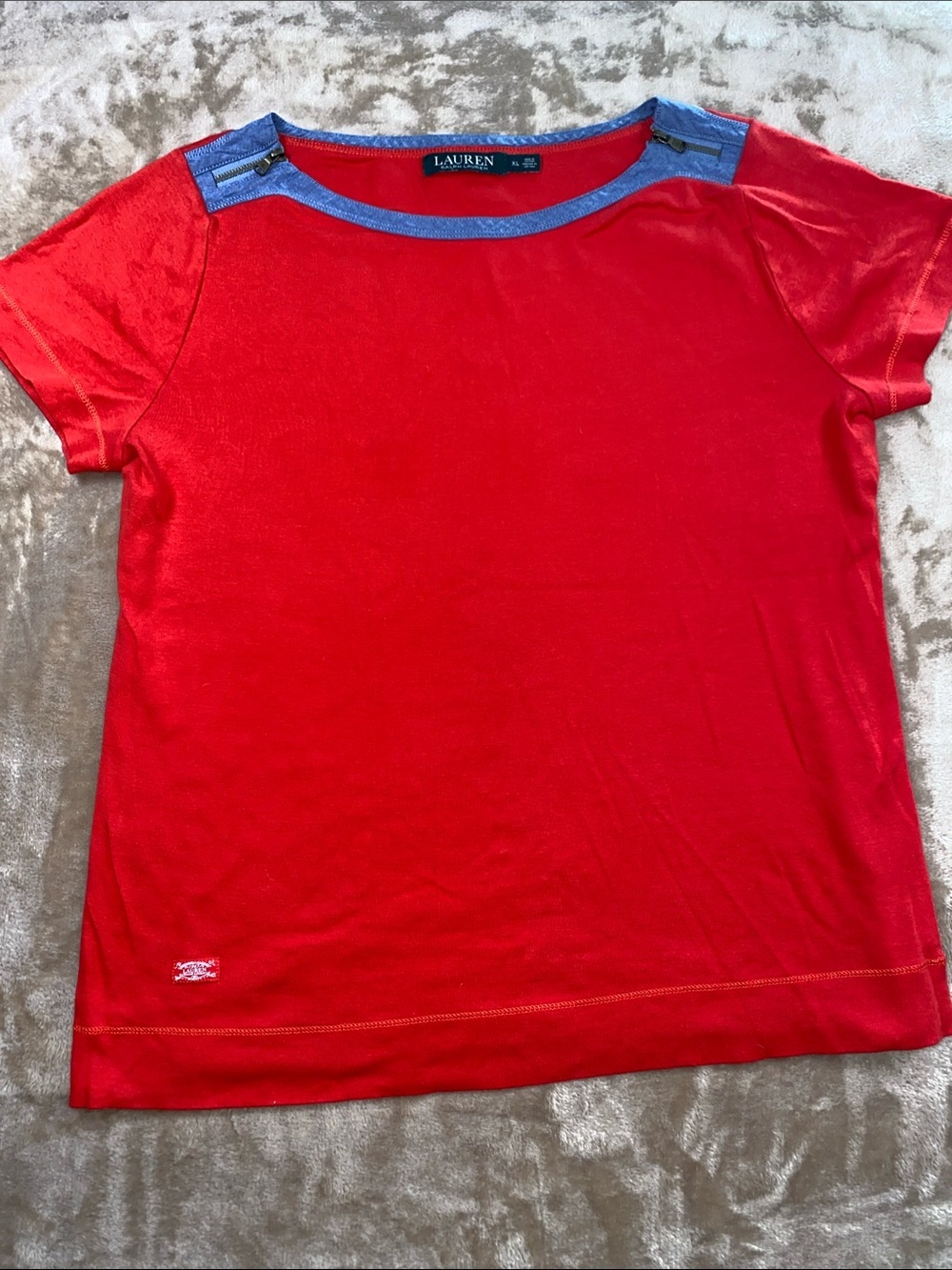 Lauren Ralph Lauren Red Short Sleeve Top with Blue Trim and Zipper Accents